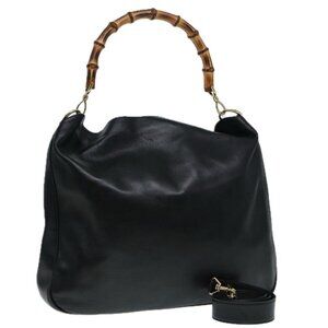 GUCCI Bamboo Hand Bag Leather 2way Black Gold